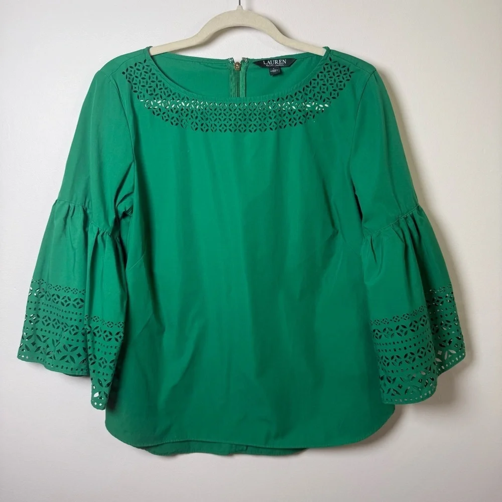 Lauren Ralph Lauren Green Laser Cut Bell Sleeve Poplin Boat Neck Top size Large - Picture 2 of 7